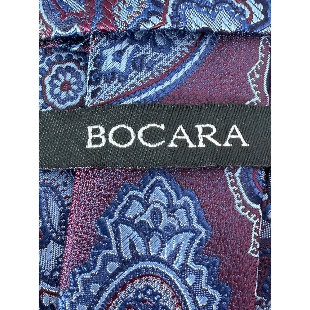 Bocara Mens Silk Necktie Burgundy Blue Paisley Hand Made Classic Tie 58in